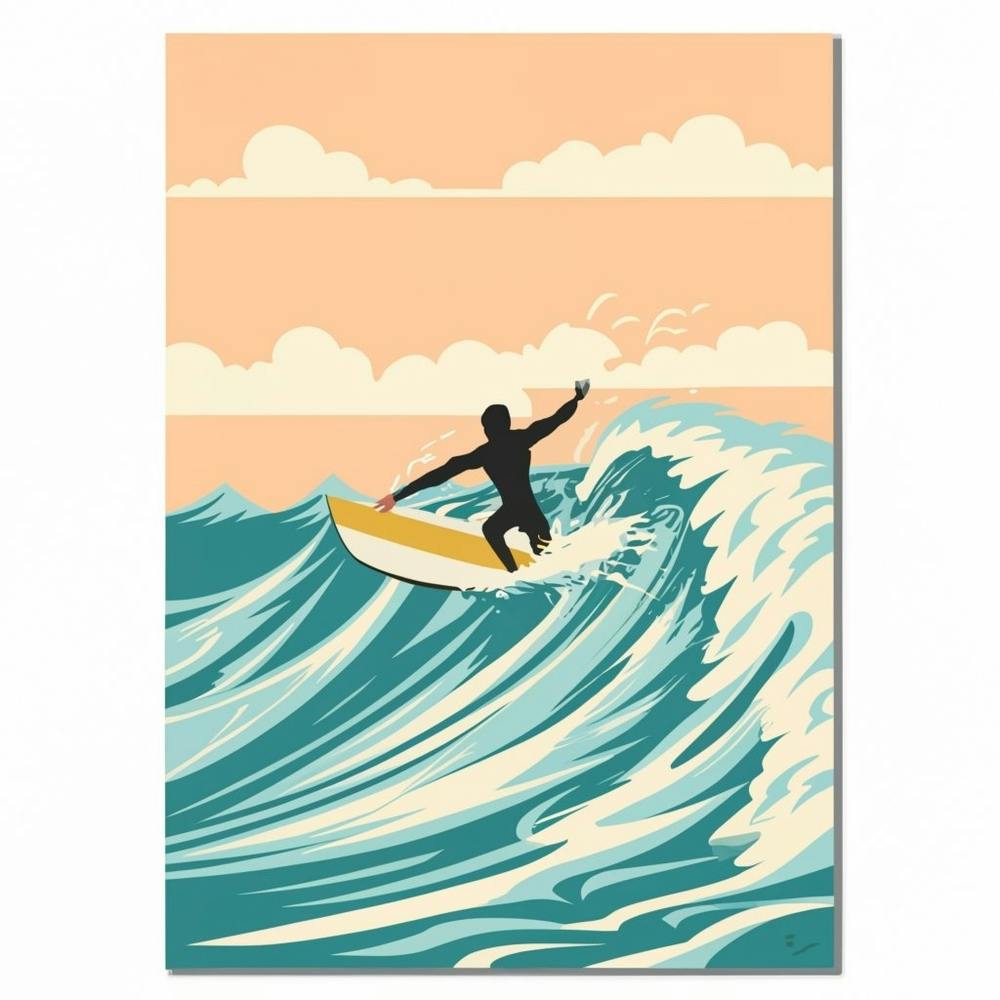 An art print showcasing a captivating portrait of a surfer catching a wave, capturing the thrill and exhilaration of the surfing experience. This dynamic and visually striking art print is perfect for surf enthusiasts and those who seek to infuse their space with the spirit of coastal adventure, bringing a touch of adrenaline to home decor.