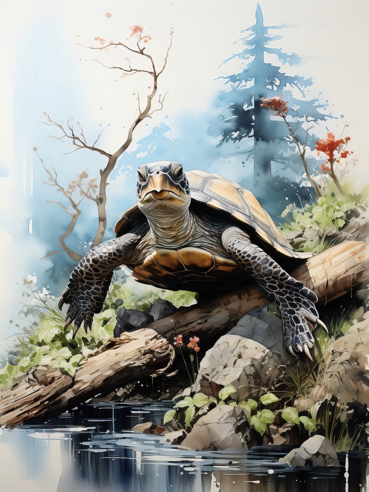 Sea Turtle, Japanese Brush Painting, Ukiyo E, Minimal 1