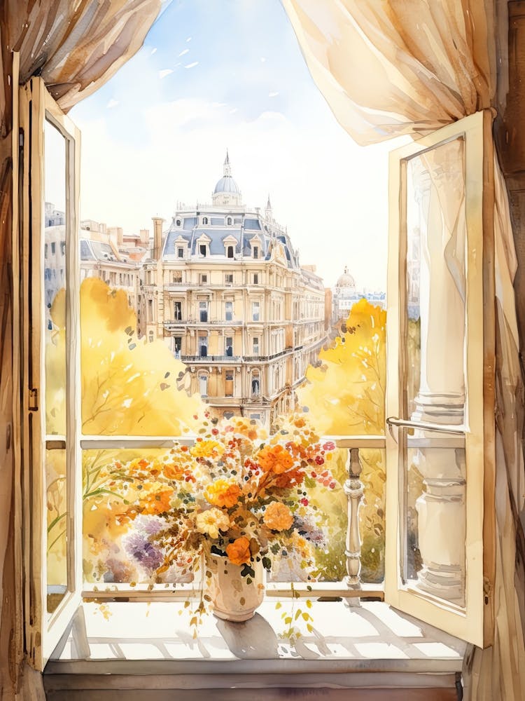 Window View Of Bucharest Romania In Autumn Fall, Watercolour 2