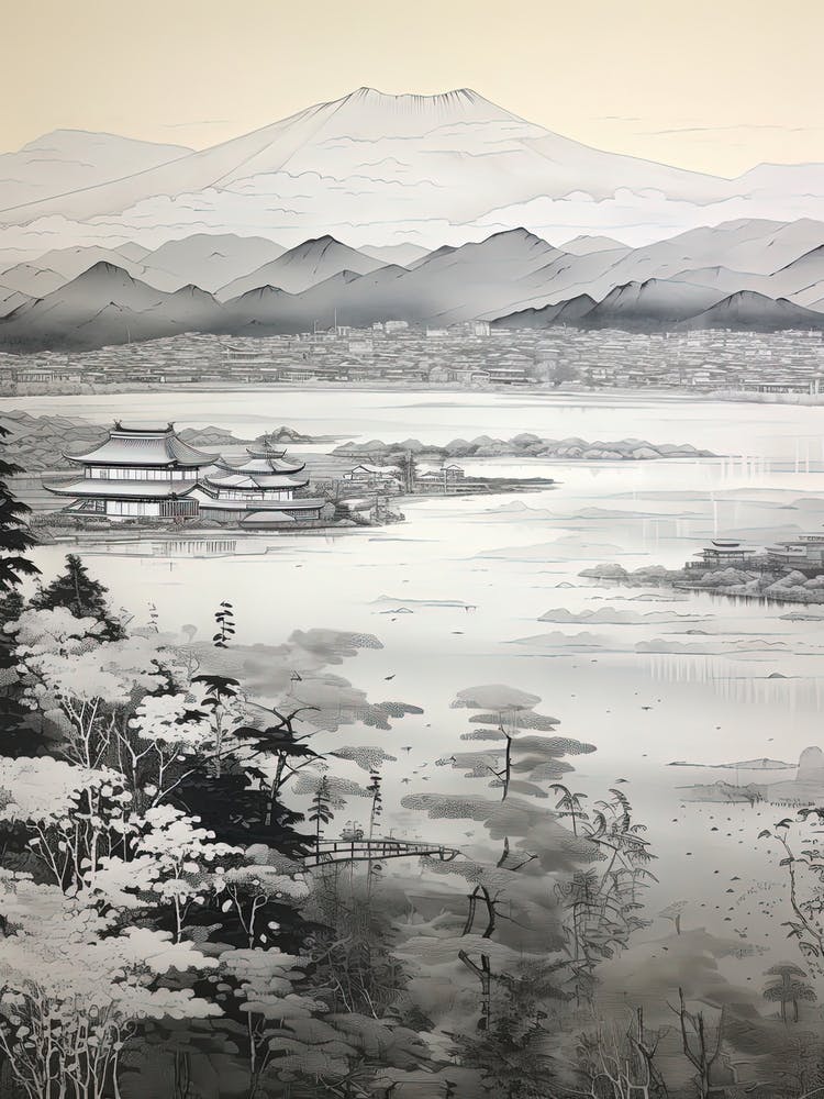 Amanohashidate In Kyoto, Ukiyo E Black And White Line Art Drawing 8