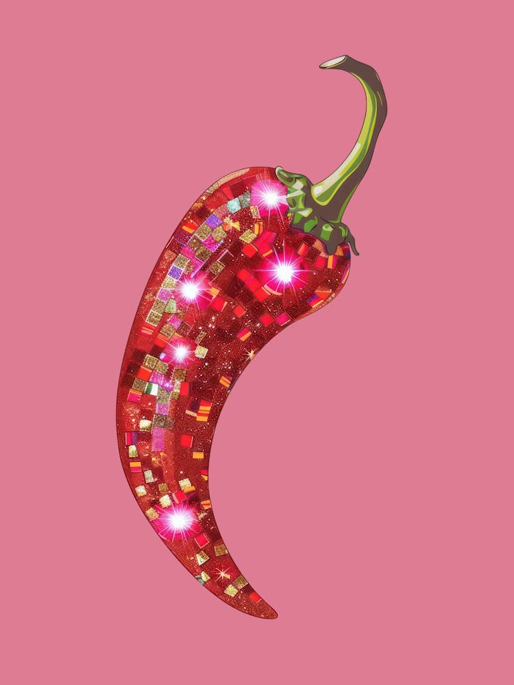 Disco Ball Red Hot Chilli Pepper Pink Mosaic Painting Kitchen