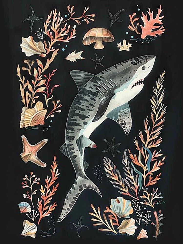 Tiger Shark Seascape Black Background Illustration 2