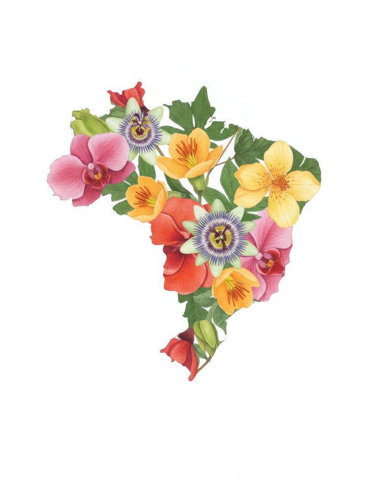 Brazil Map Tropical Flowers