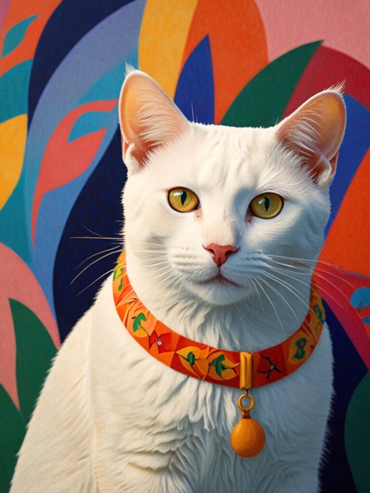 Chat Blanc Avec Un Collier Coloré