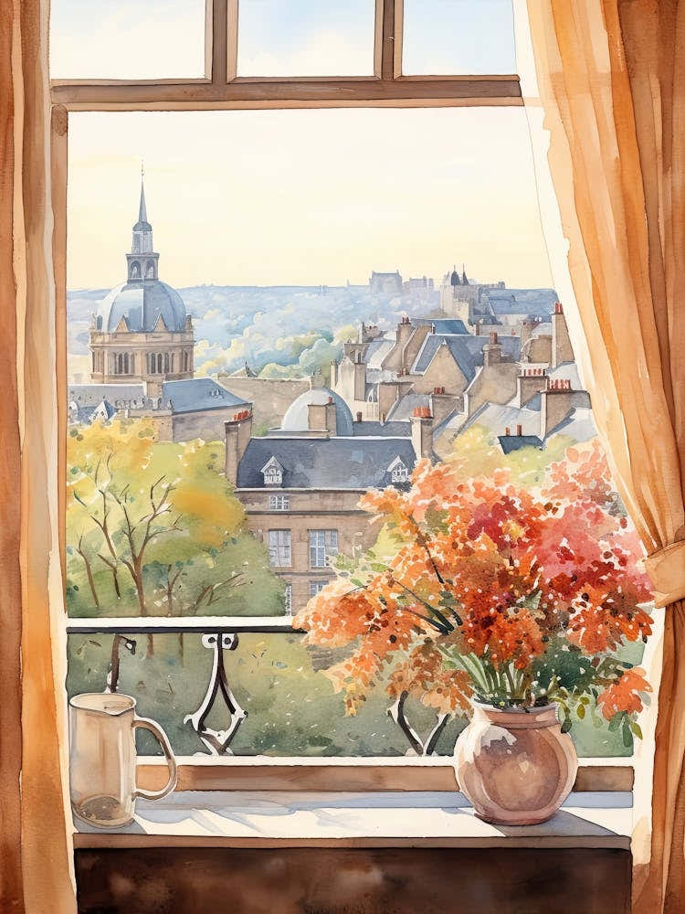 Window View Of Luxembourg City Luxembourg In Autumn Fall, Watercolour 3