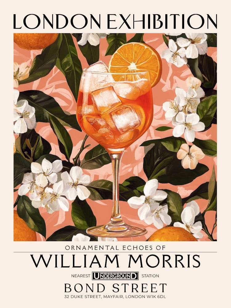 Aperol Spritz cocktail print William Morris style maximalist floral art, summer inspired drink wall art vintage botanical still life eclectic decor for bar cart, living room, kitchen, dining room 8