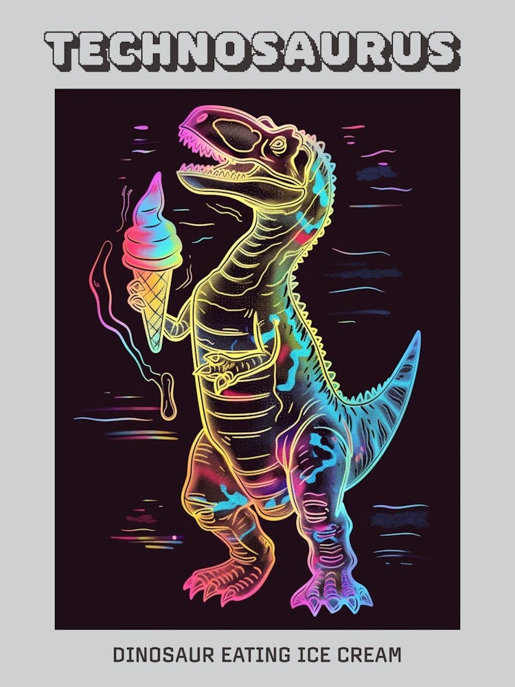 Neon Dinosaur Line Illustration Eating Ice Cream Poster