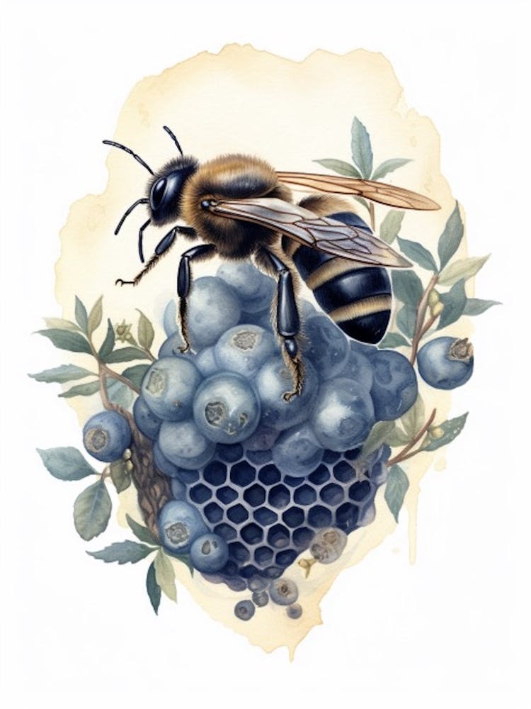 Blueberry Bee Beehive Watercolour Illustration 2