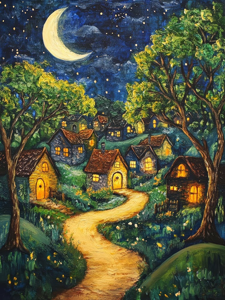 Village At Night With Stars and Moon In The Sky 5