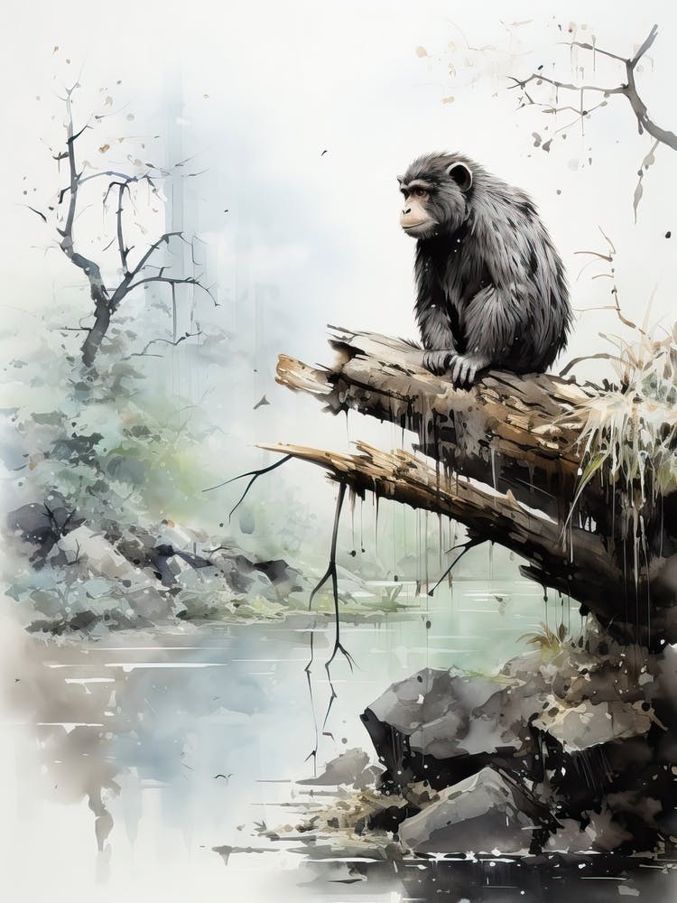 Jigokudani Monkey Park In Nagano, Japanese Brush Painting, Ukiyo E, Minimal 3