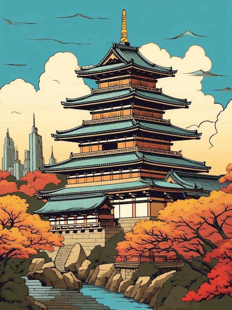 Osaka Castle, Japan Vintage Travel Art 1