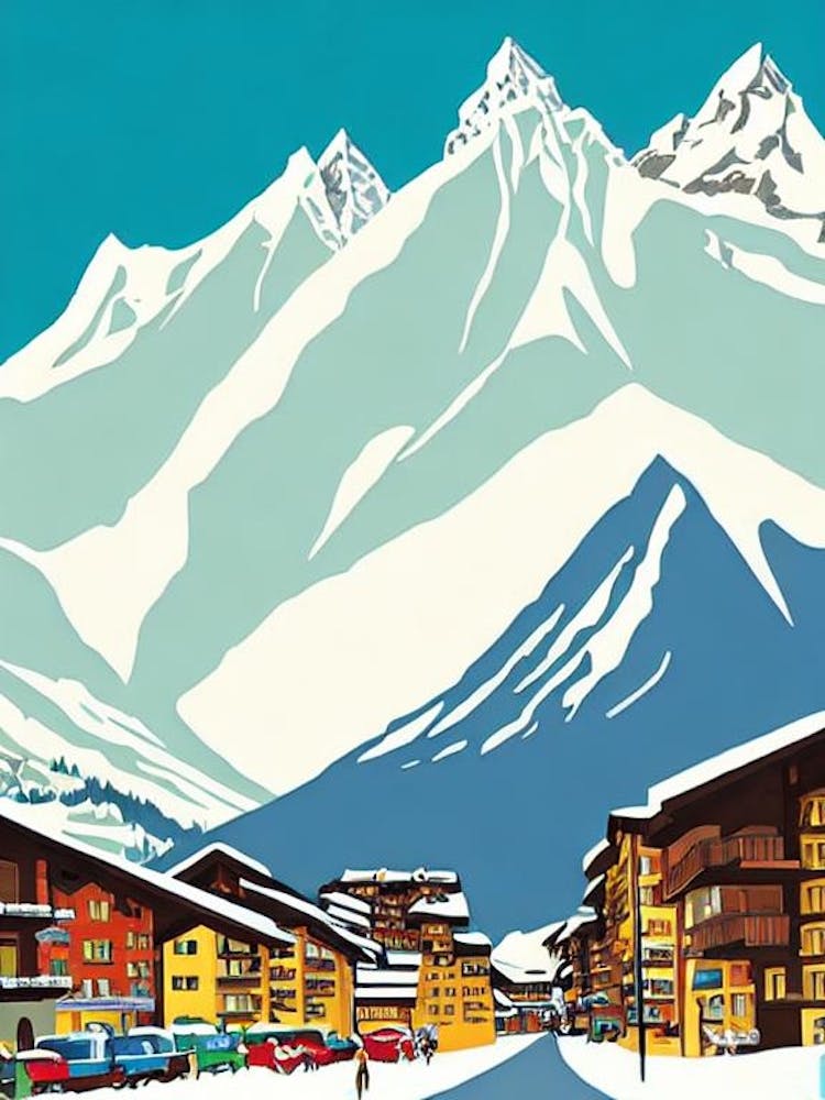 Zermatt, Switzerland Midcentury Vintage Skiing Poster