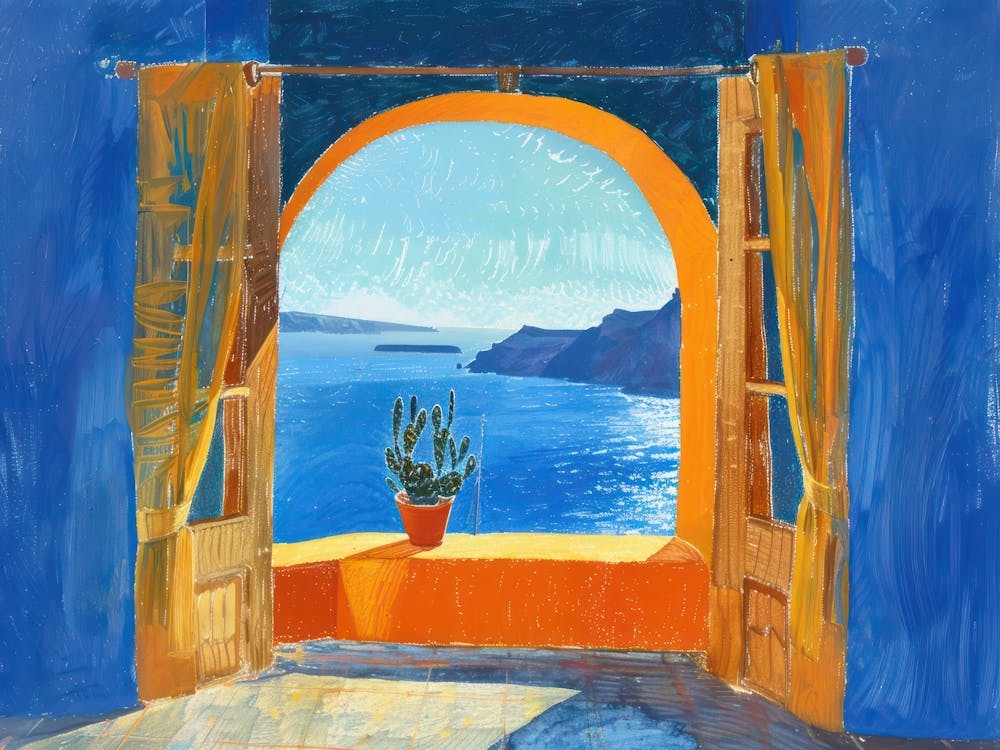 Santorini From The Window View Painting 1