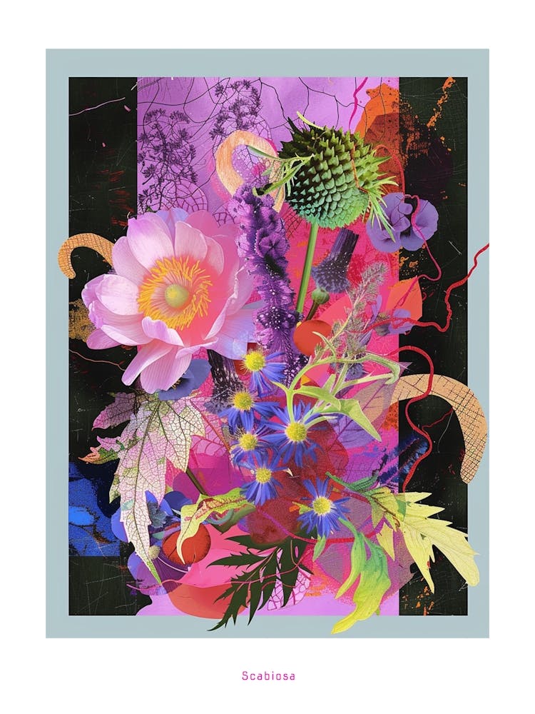Scabiosa 4 Neon Flower Collage Poster