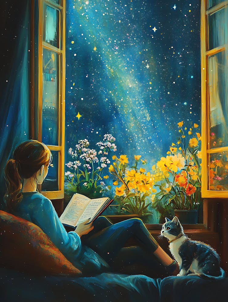 Girl Reading Book with Her Cat 18