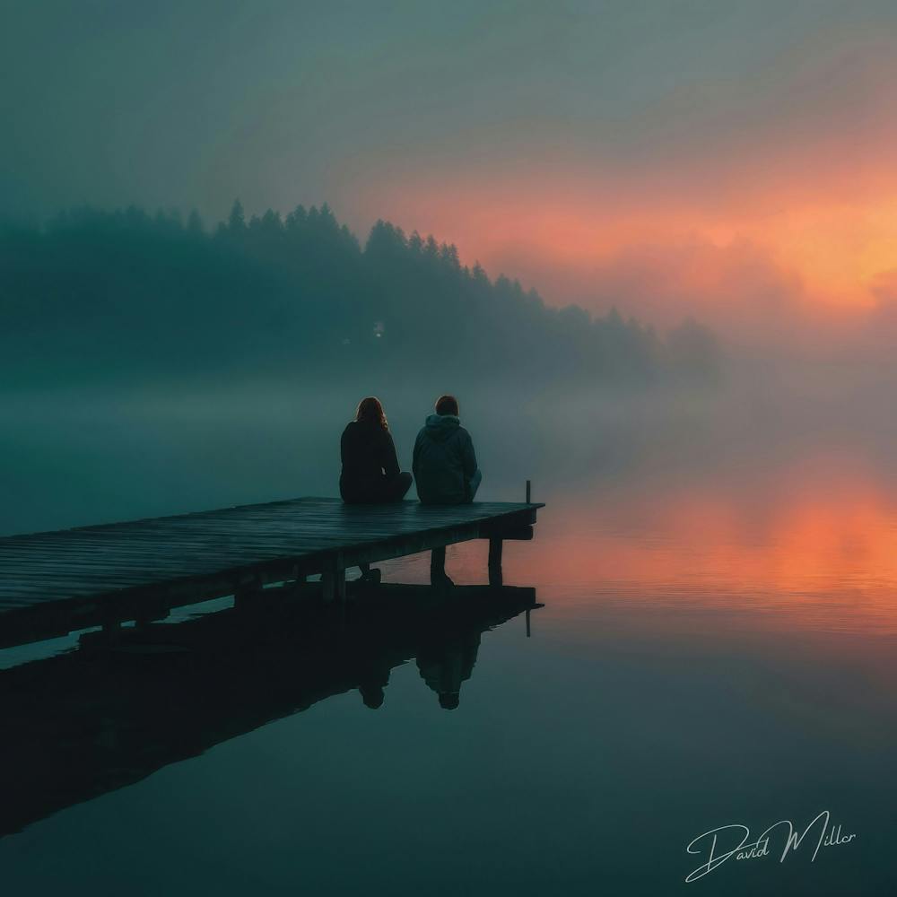 Couple Sitting On A Dock At Sunset
