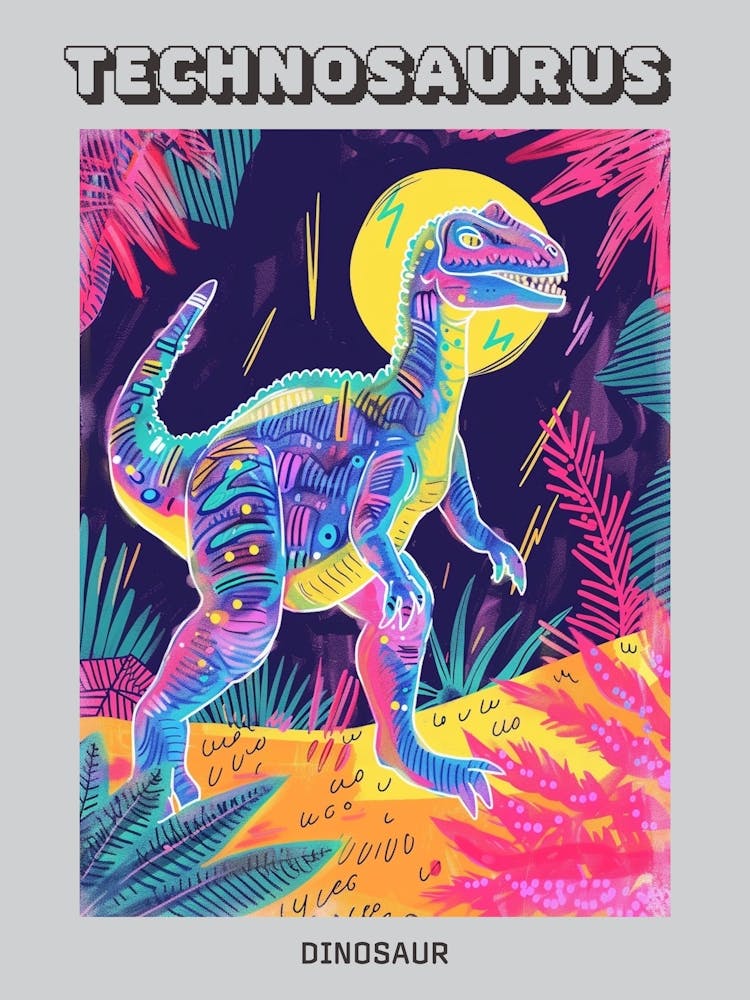 Neon 1980s Pattern Dinosaur Inspired Poster