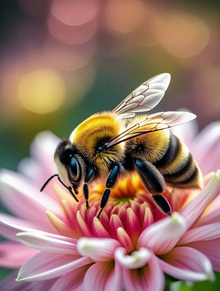 Macro photo of a Bumblebee on a Pink Dahlia Flower