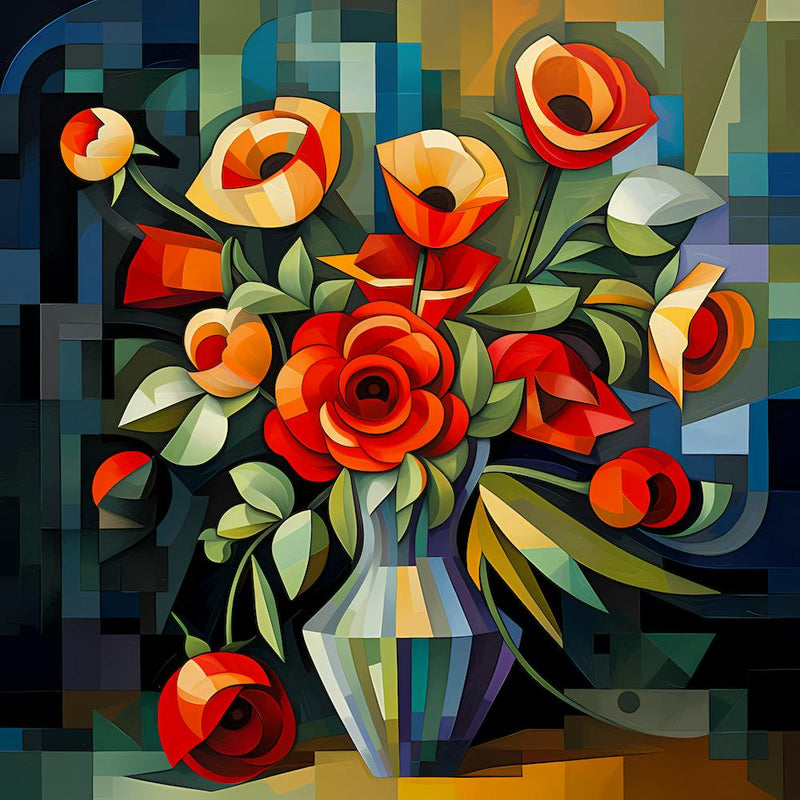 Poppies and Roses in a cubism style