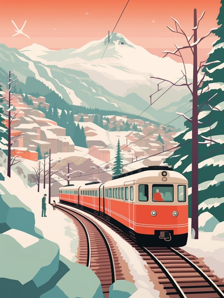 Vintage Winter Travel Illustration Hakone Japan 1