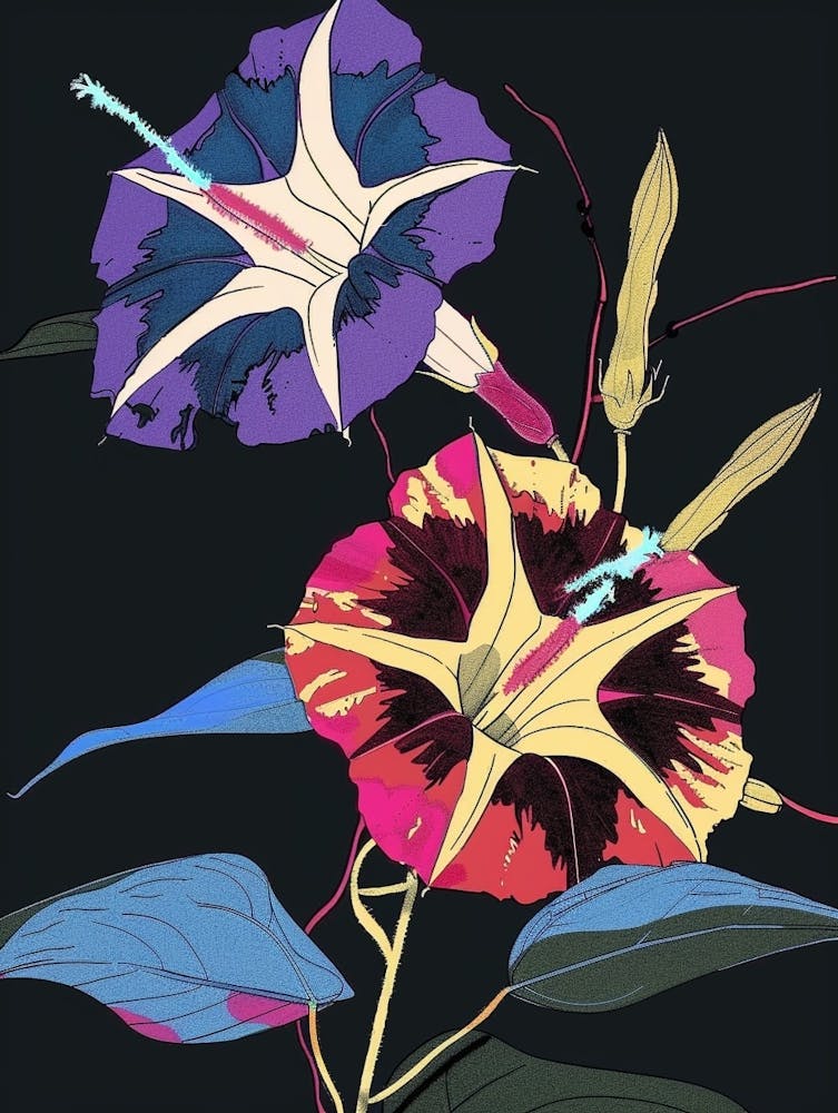 Neon Flowers On Black Morning Glory 5