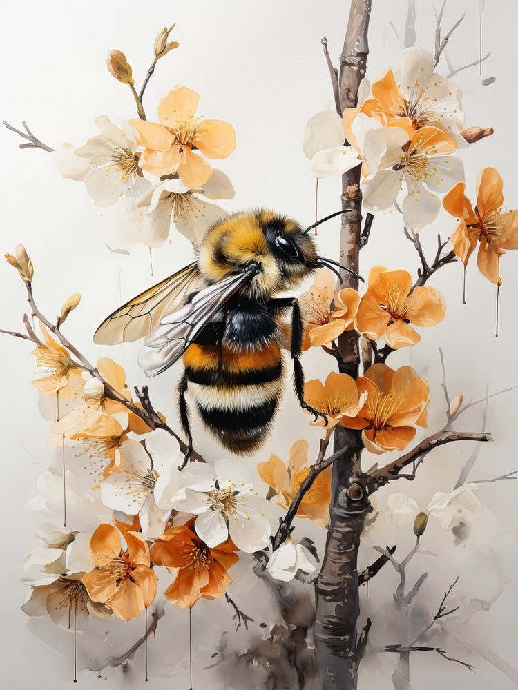 Bumblebee, Japanese Brush Painting, Ukiyo E, Minimal 2