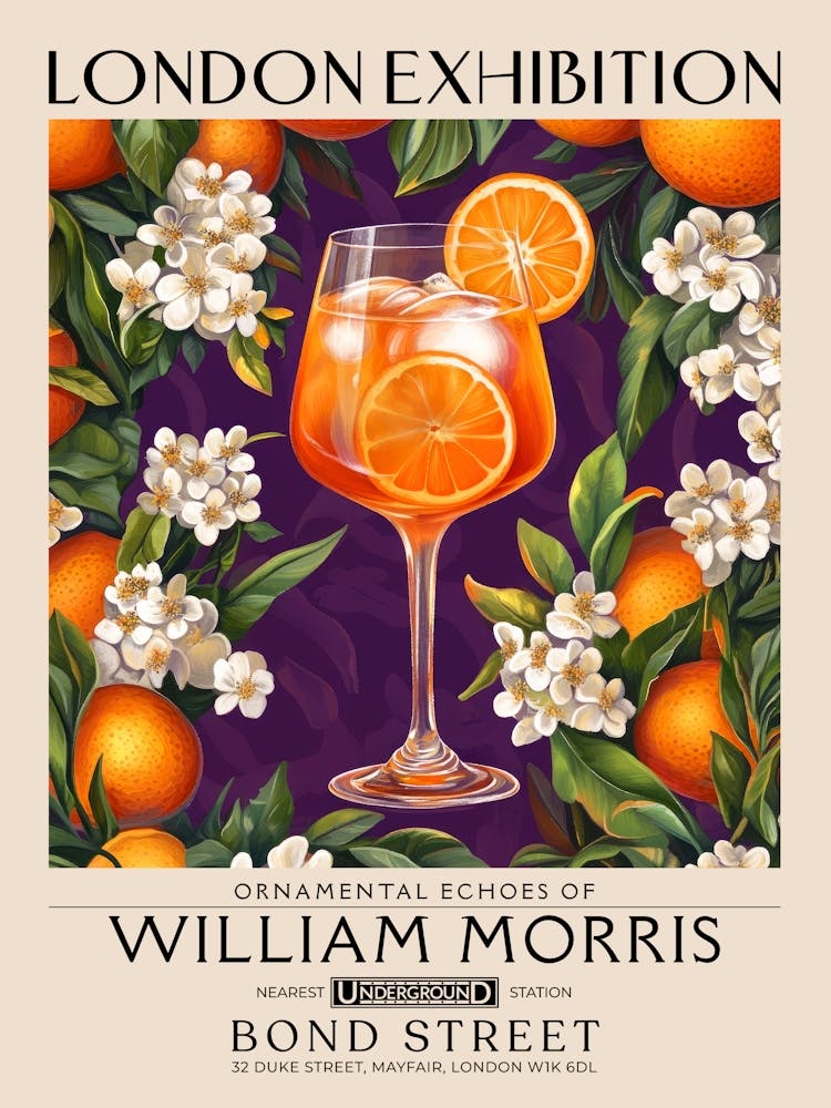 Aperol Spritz cocktail print William Morris style maximalist floral art, summer inspired drink wall art vintage botanical still life eclectic decor for bar cart, living room, kitchen, dining room 3