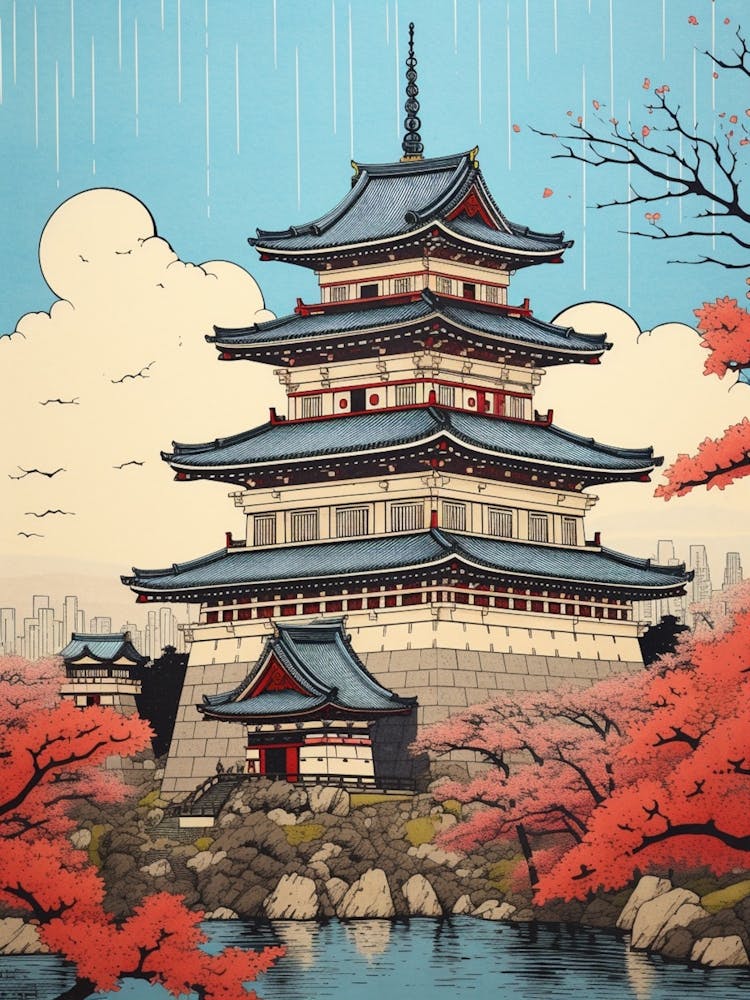 Osaka Castle, Japan Art de voyage vintage 3