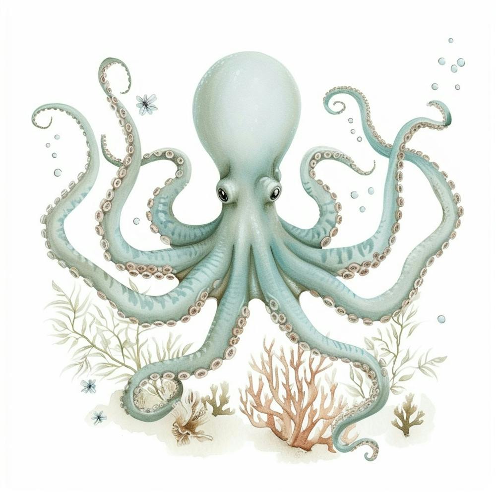 Storybook Style Octopus With Fish & Aqua Marine Plants 1