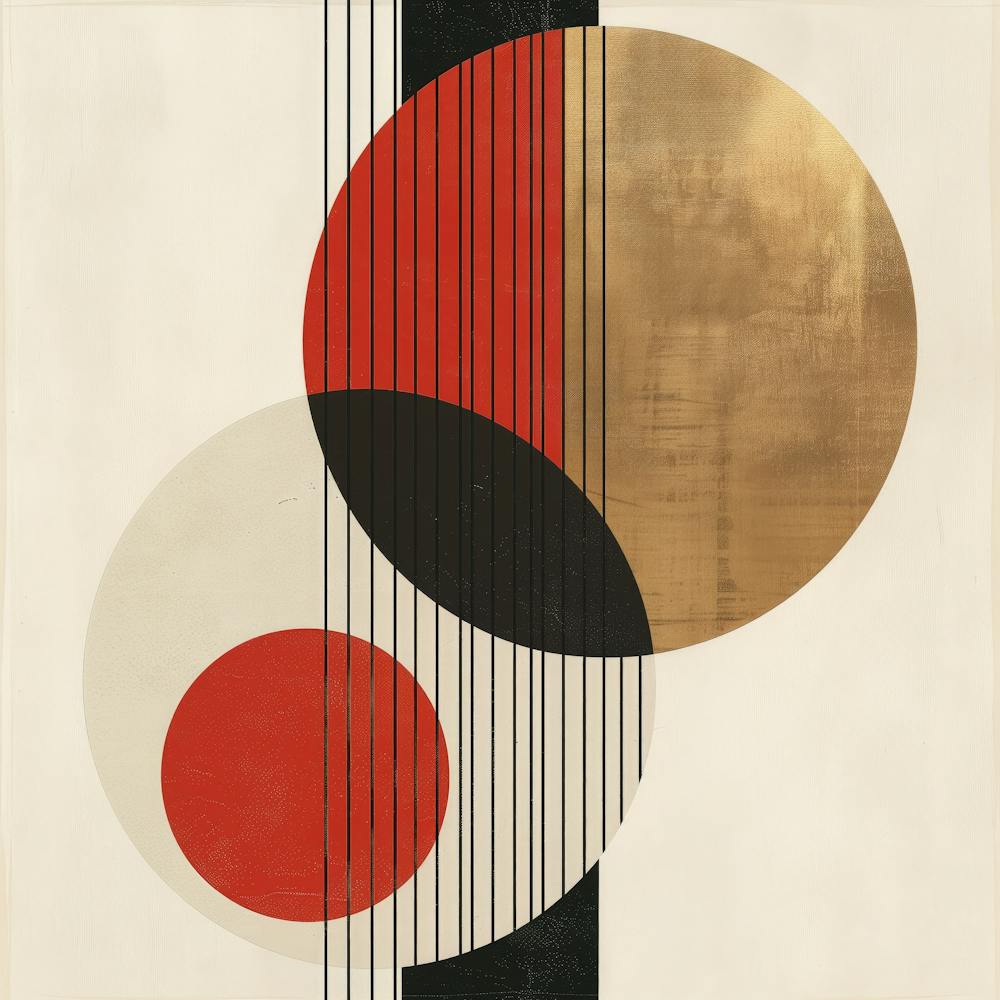 Dynamic Circles: Minimalist Geometry in Red, Black, White, Beige, and Gold