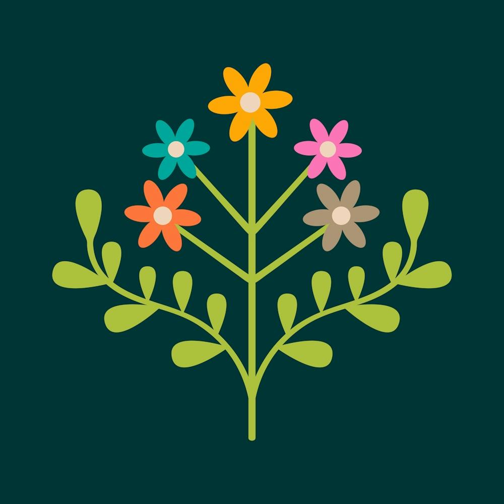 TAMI Mid-Century Modern Retro Floral with Small Flowers in Bright Colours on Dark Teal