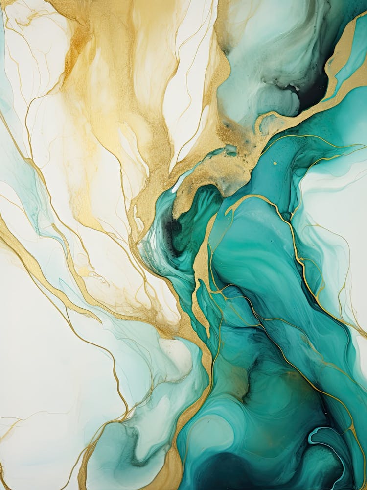 Teal, White, Gold Flow Asbtract Painting 1