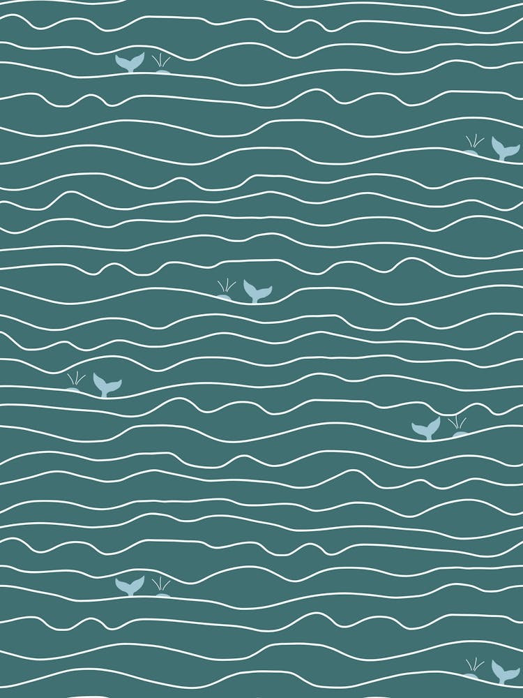Wavy Ocean Lines with Hidden Whales Teal Blue White
