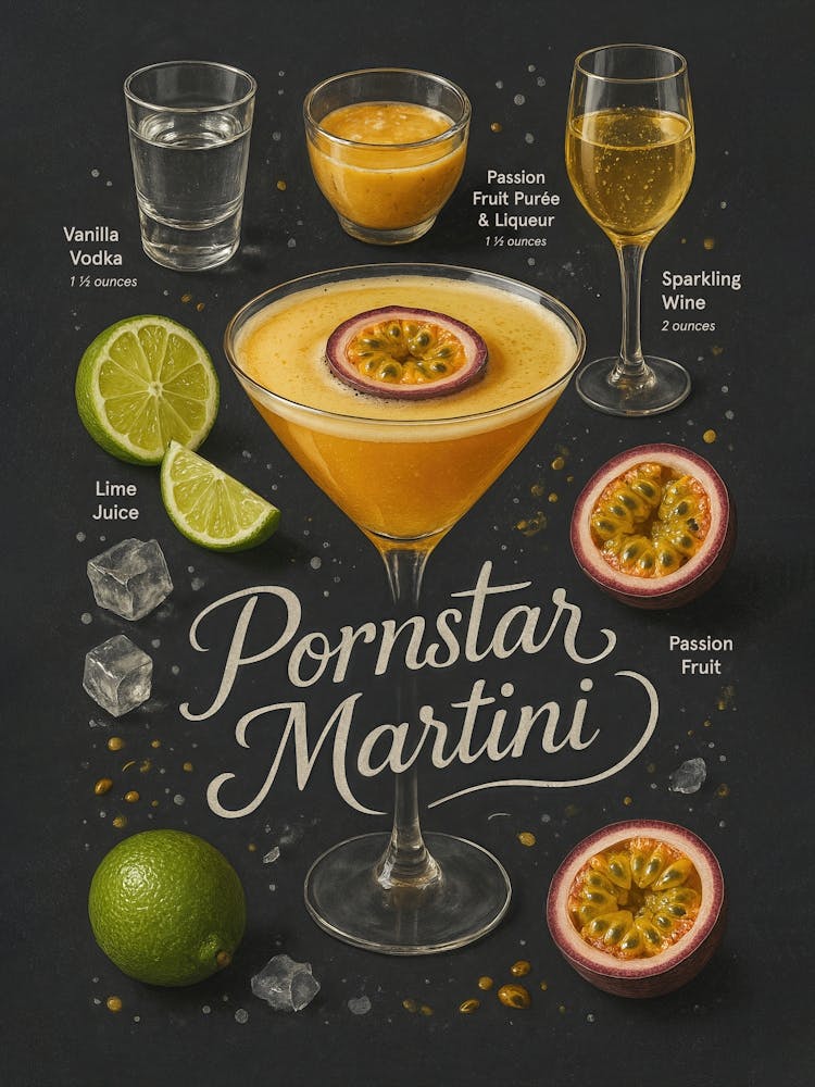 Pornstar Martini Poster – Passion Fruit and Vodka Cocktail: Sweet, bold, and a little cheeky – the pornstar martini mixes vodka, passion fruit, and sparkling wine. A vibrant poster for kitchens, bars, or pub settings – perfect for dessert cocktail lovers