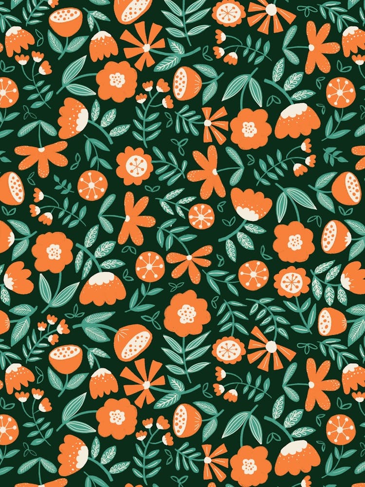 Cute Soft Scattered Scandi Florals Dark Green, Orange, Bright Green