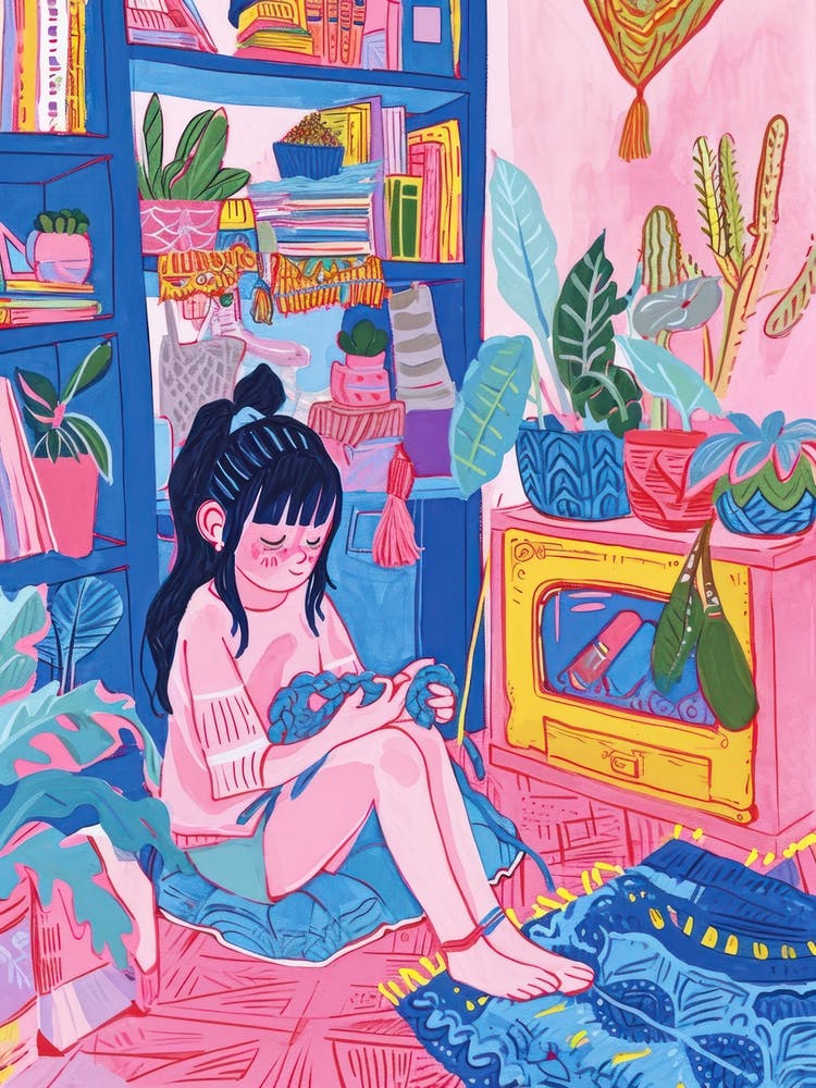 Girl Knitting Lo Fi Kawaii Illustration 4