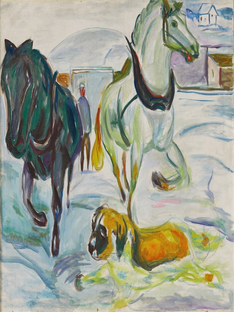 Horses And Dog In The Snow