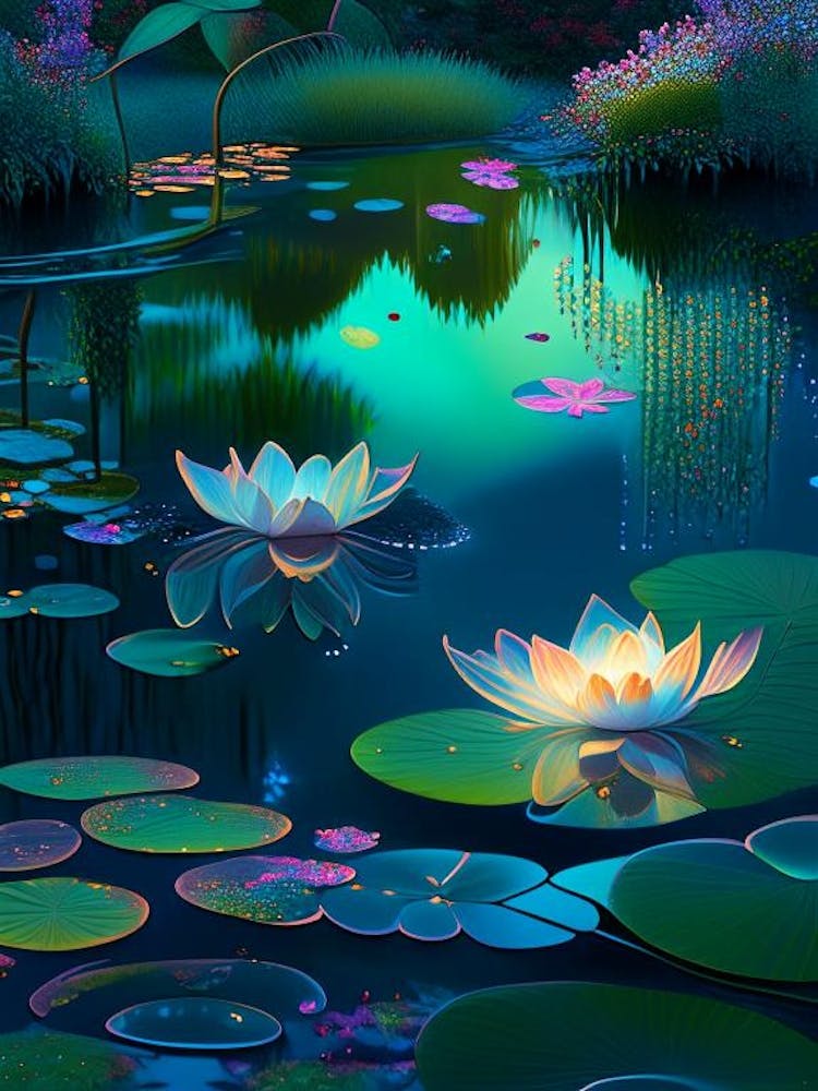 Pond With Lily Pads, Water, Waterscape Holographic 3