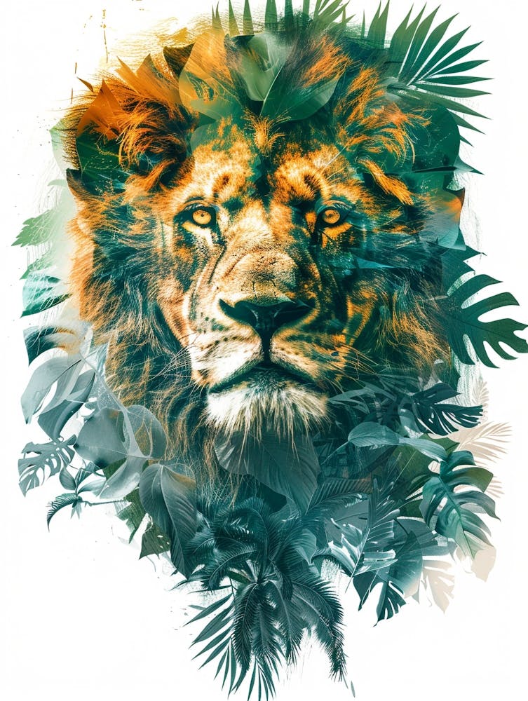 Double Exposure Realistic Lion With Jungle 36
