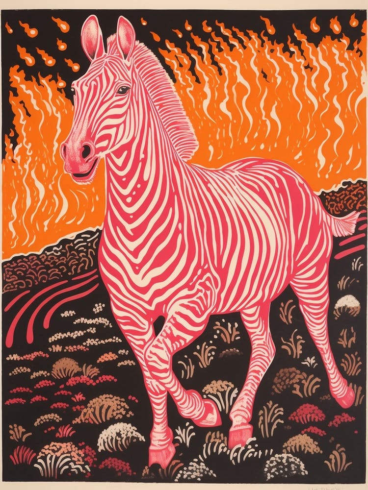 Zebra Running Linocut Inspired  3
