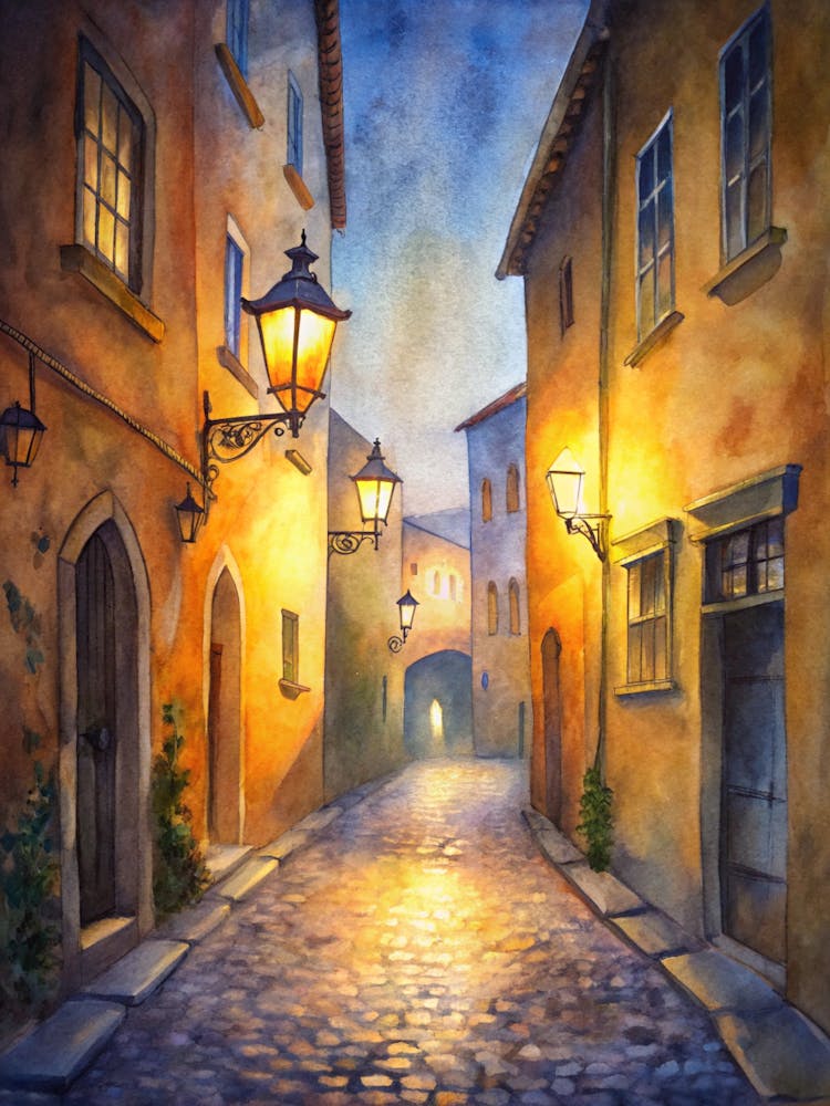 A Cobblestone Alleyway With Lanterns Hanging Betw (1)