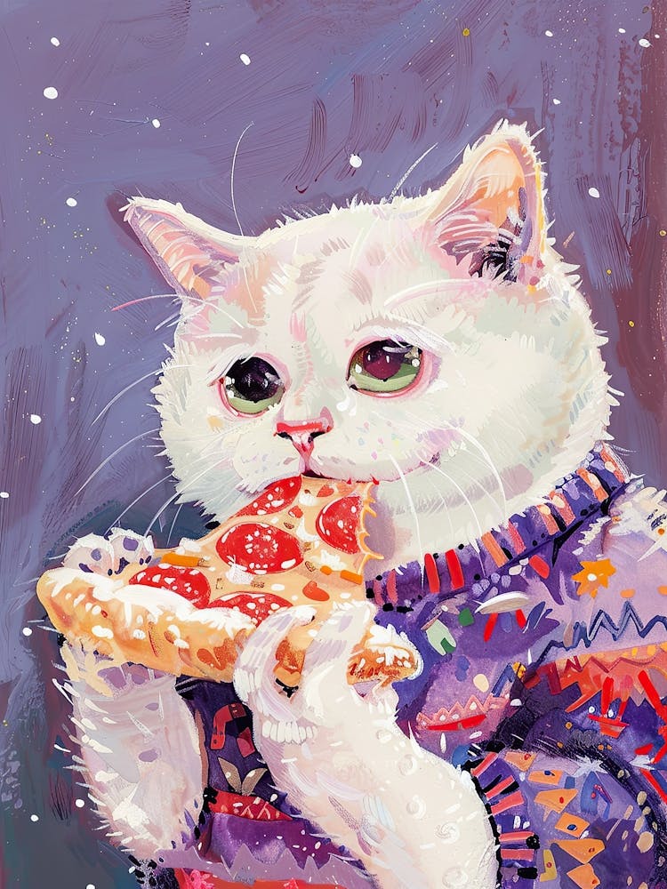 Cute White Cat Eating Pizza Folk Illustration 3