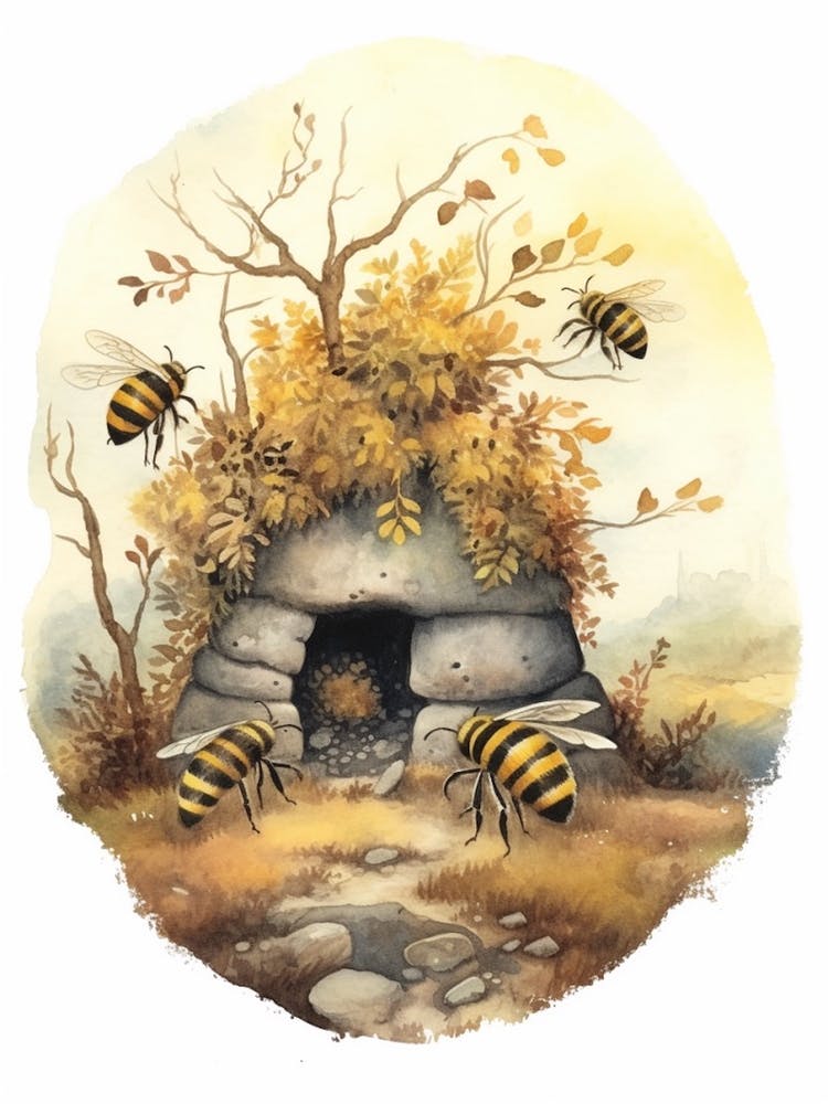 California Bumble Bee Beehive Watercolour Illustration 1