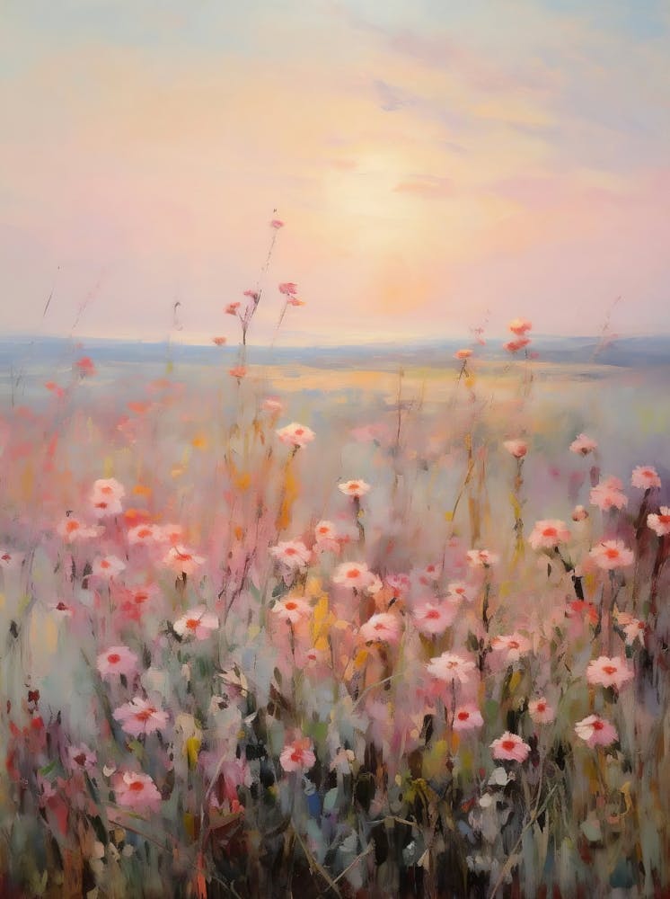 Wildflower Field Landscape Oil Painting, Vintage Sunset Landscape Print, Muted Country Field Wall Art Digital Download, Nature Printable Art