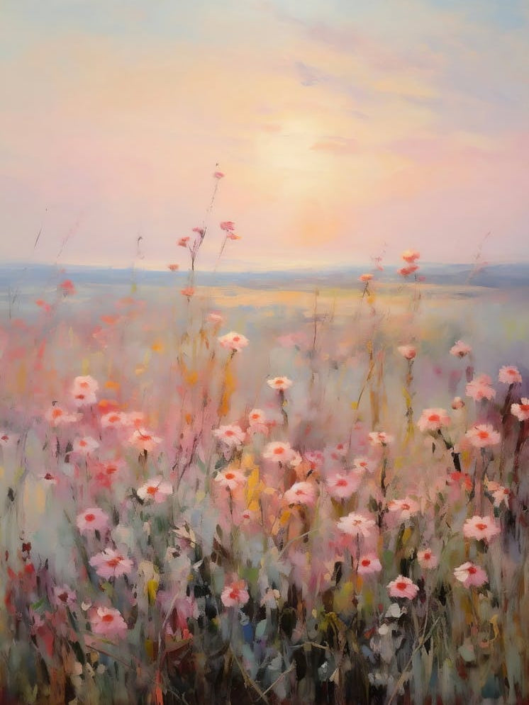 Wildflower Field Landscape Oil Painting, Vintage Sunset Landscape Print, Muted Country Field Wall Art Digital Download, Nature Printable Art