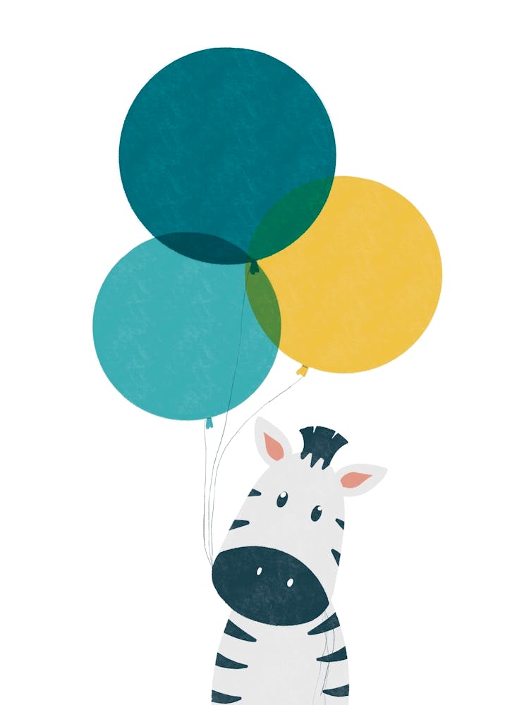 Zebra With Teal and Yellow Balloons Nursery