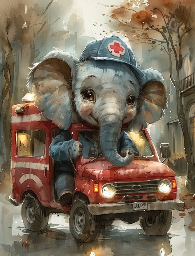 An Adult Elephant Driving A Red Ambulance, Watercolor Cartoon Illustration, Happy Mood, Pastel Colors, Soft Lighting,