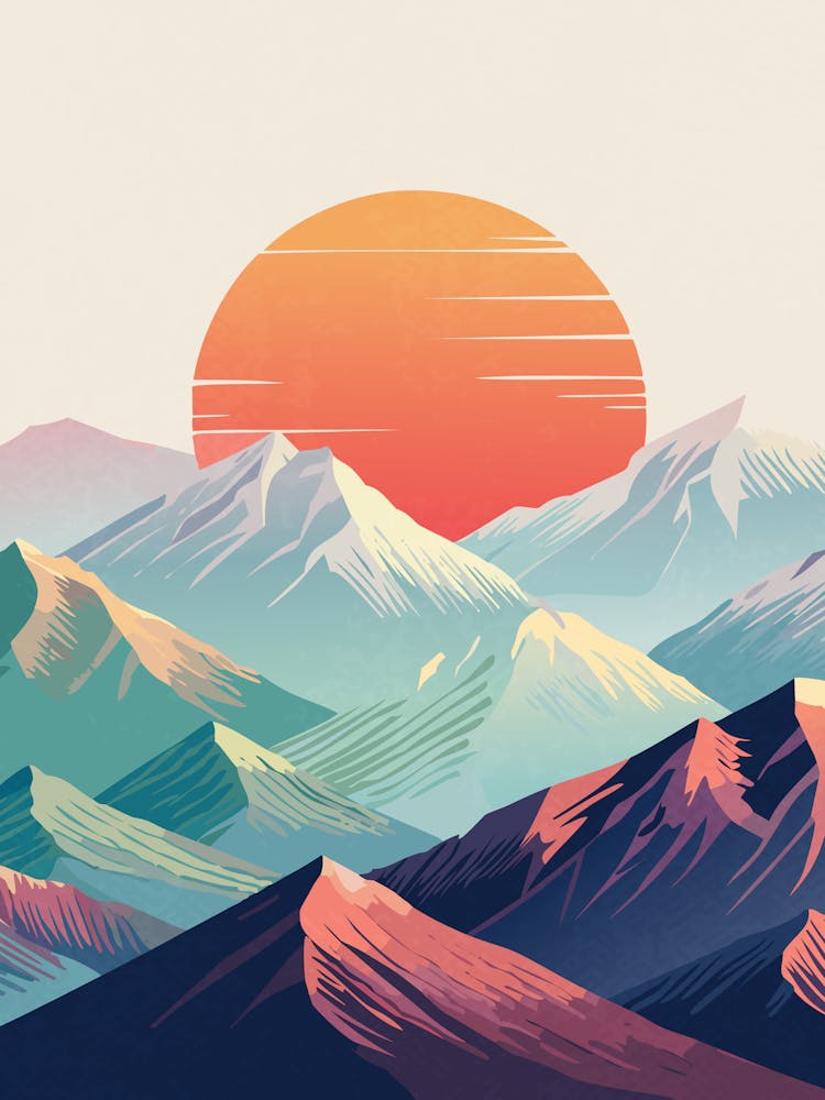 Retro Sunset Over Mountain Peaks