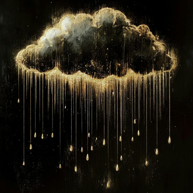 Golden rain from moody cloud painting in black and warm gold tones in a minimalist luxe aesthetic, surreal celestial art in the style of Gustav Klimt ideal for bedrooms, luxe livng rooms, entryways, modern interiors 3