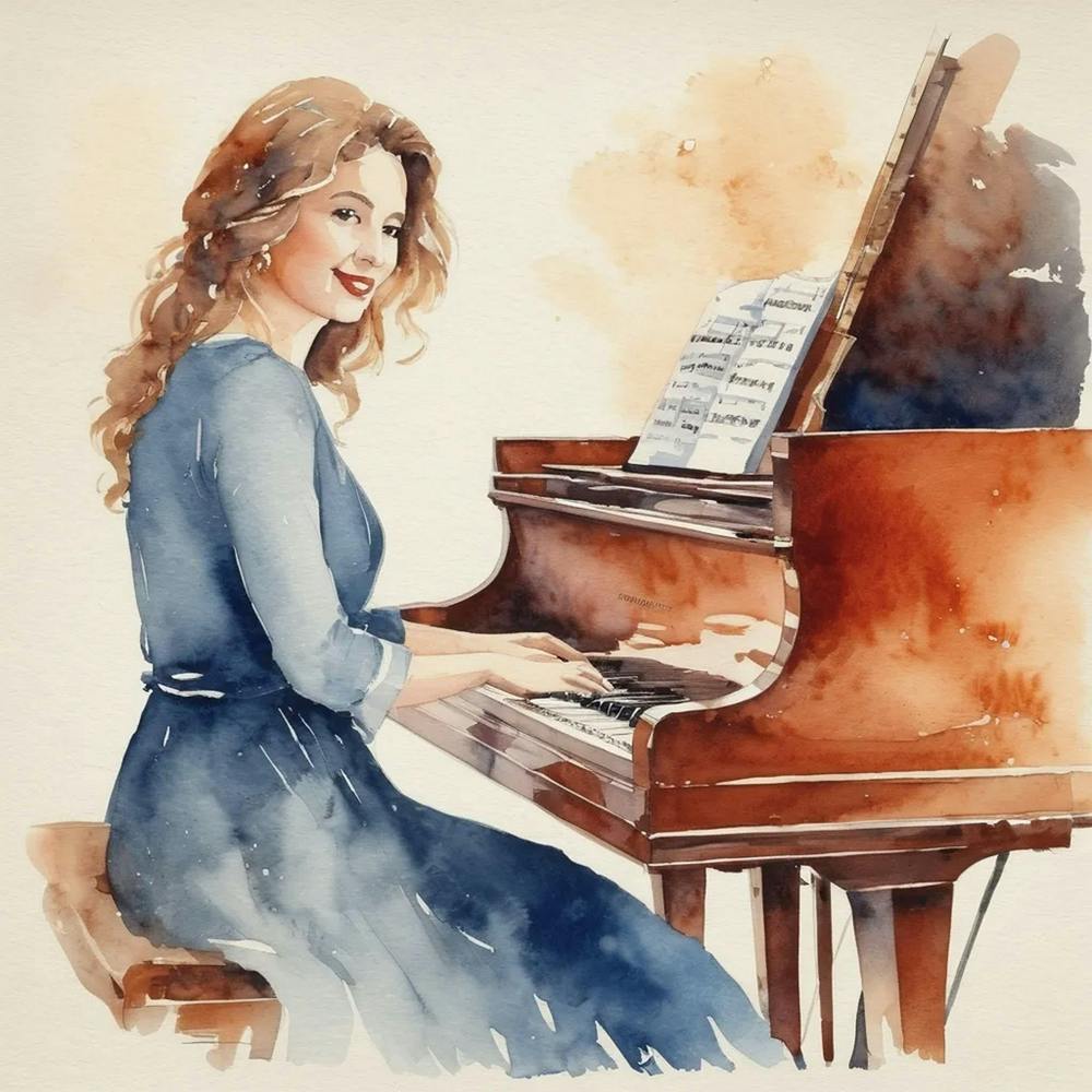Watercolor Girl Playing Piano 1